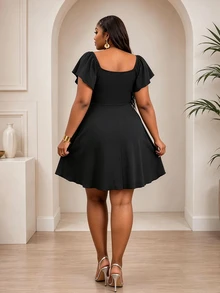 CurvyTilda Plus Size Women Casual Sweetheart Neck Short Sleeve Front Tie Wrap Dress - Black - View 2