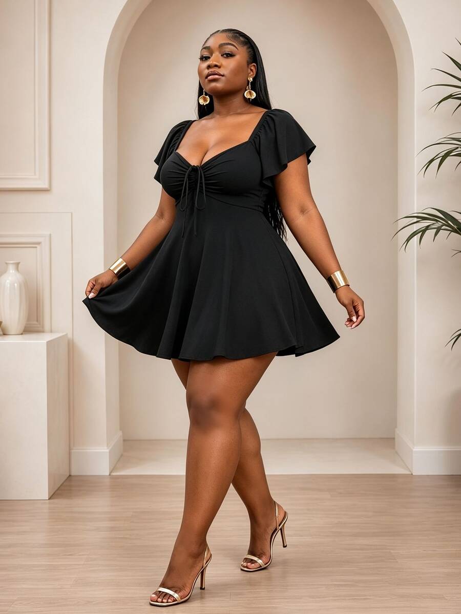 CurvyTilda Plus Size Women Casual Sweetheart Neck Short Sleeve Front Tie Wrap Dress - Black - View 1