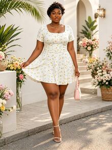 CurvyTilda Plus Size White Summer Cute Bachelorette Party Yellow Daisy Print Knit Jumpsuit,Short Sleeve Polo Collar Top With Built-In Shorts,Casual Outfit - Multicolor - View 4