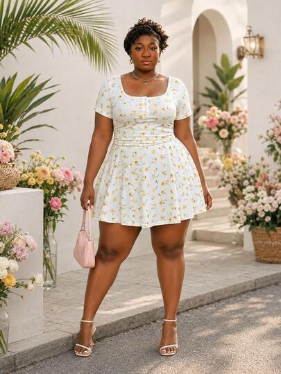 CurvyTilda Plus Size White Summer Cute Bachelorette Party Yellow Daisy Print Knit Jumpsuit,Short Sleeve Polo Collar Top With Built-In Shorts,Casual Outfit