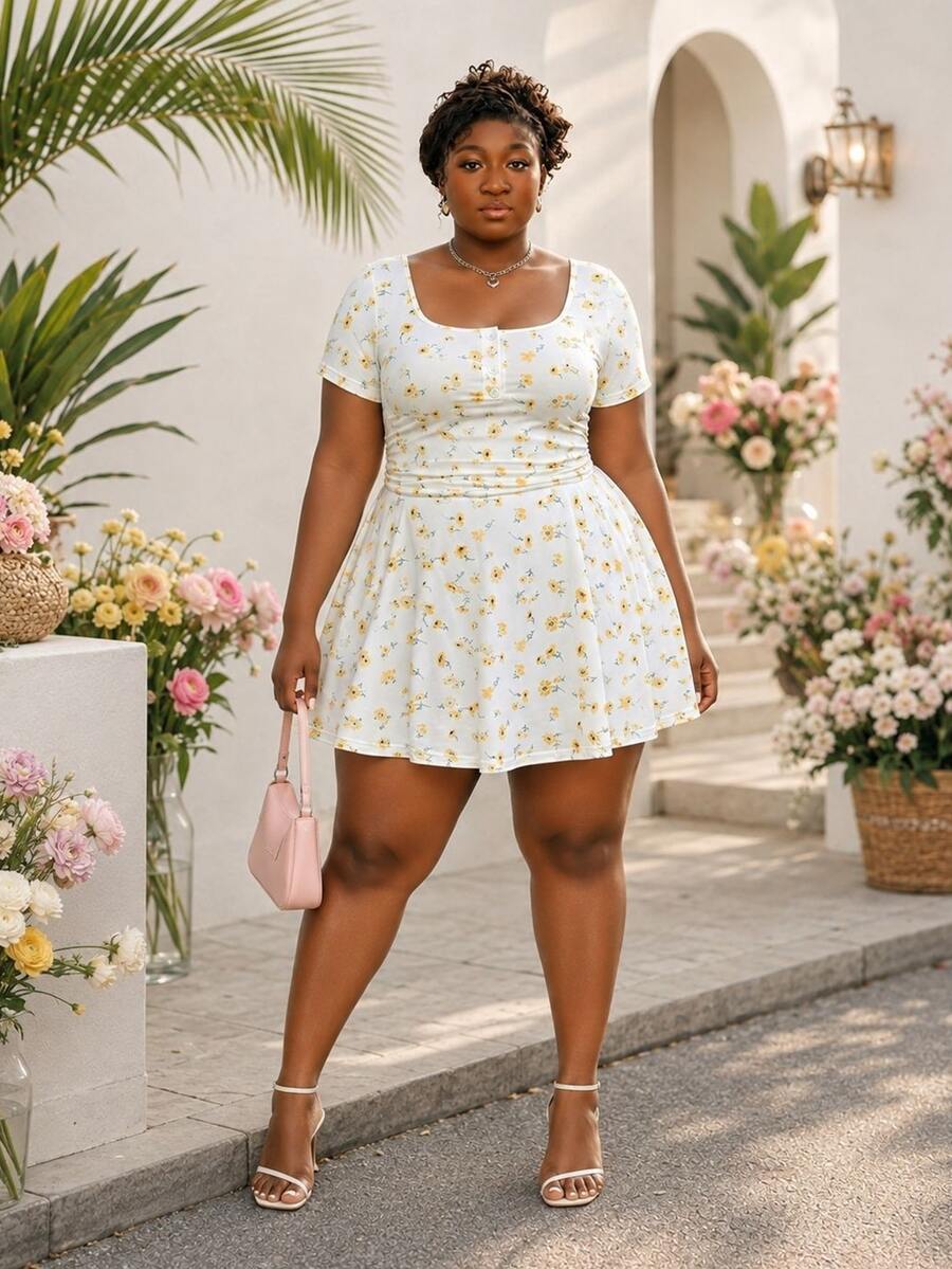 CurvyTilda Plus Size White Summer Cute Bachelorette Party Yellow Daisy Print Knit Jumpsuit,Short Sleeve Polo Collar Top With Built-In Shorts,Casual Outfit - Multicolor - View 1