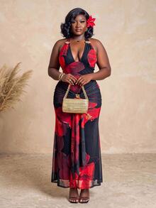 CurvyTilda Plus Size Black And Red Floral Mesh Maxi Dress For Women,Elegant Boho Backless Bowknot Metal Decor Party Dress,Summer Holiday Vacation Beach Outfits - Multicolor - View 3