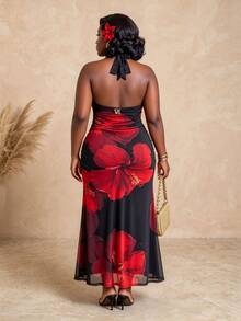 CurvyTilda Plus Size Black And Red Floral Mesh Maxi Dress For Women,Elegant Boho Backless Bowknot Metal Decor Party Dress,Summer Holiday Vacation Beach Outfits - Multicolor - View 2