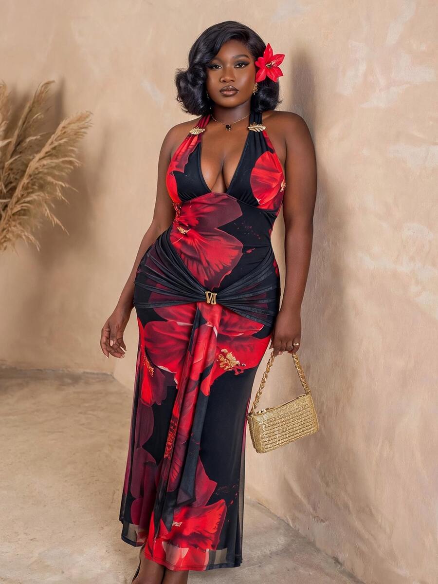CurvyTilda Plus Size Black And Red Floral Mesh Maxi Dress For Women,Elegant Boho Backless Bowknot Metal Decor Party Dress,Summer Holiday Vacation Beach Outfits - Multicolor - View 1