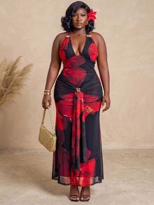 CurvyTilda Plus Size Black And Red Floral Mesh Maxi Dress For Women,Elegant Boho Backless Bowknot Metal Decor Party Dress,Summer Holiday Vacation Beach Outfits - Multicolor - View 4