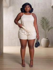 CurvyTilda Plus Size Women White 2 Pieces Set,Single-Breasted Camisole And Shorts,Smart Casual Summer Vacation Holiday Outfit,Comfortable Solid Color Pant Suit - Apricot - View 4