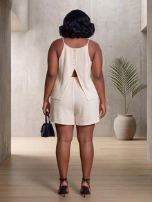 CurvyTilda Plus Size Women White 2 Pieces Set,Single-Breasted Camisole And Shorts,Smart Casual Summer Vacation Holiday Outfit,Comfortable Solid Color Pant Suit - Apricot - View 3