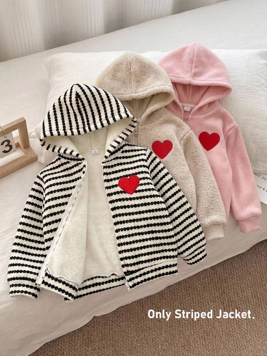 SHEIN 女童條紋內裡連帽拉鍊外套,附愛心貼布 - 黑與白 - 查看 1