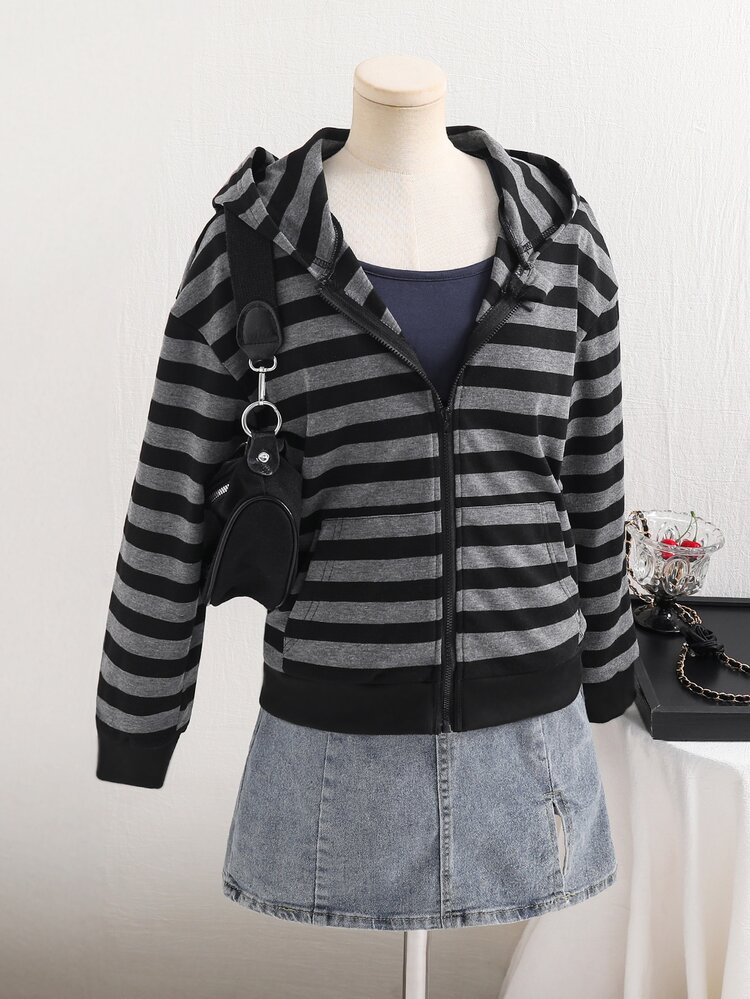 SHEIN Sparklyn 1pc Teen Girls Casual Zip-Up Sweatshirt Black & Gray Striped Short Length Hooded Jacket Spring/Autumn New Style - Multicolor - View 5