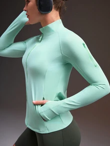 Powerista Solid Color Front Zipper Slim Fit Sports Jacket Mint Green Sleeves With Storage Pockets, Reflective Running Jacket, Suitable For Fitness And Workout - Mint Green - View 9
