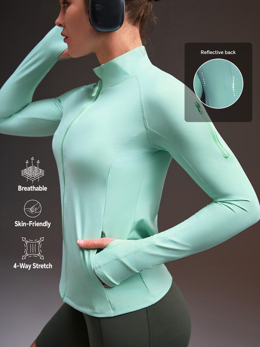 Powerista Solid Color Front Zipper Slim Fit Sports Jacket Mint Green Sleeves With Storage Pockets, Reflective Running Jacket, Suitable For Fitness And Workout