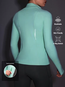 Powerista Solid Color Front Zipper Slim Fit Sports Jacket Mint Green Sleeves With Storage Pockets, Reflective Running Jacket, Suitable For Fitness And Workout - Mint Green - View 3