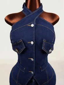 Mistrie Casual Halter Neck Denim Top For Women - Blue - View 6