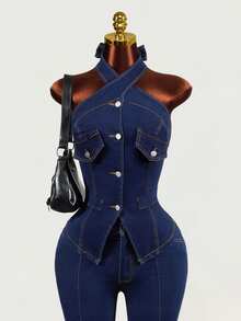 Mistrie Casual Halter Neck Denim Top For Women - Blue - View 3