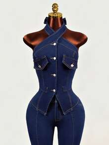 Mistrie Casual Halter Neck Denim Top For Women - Blue - View 1
