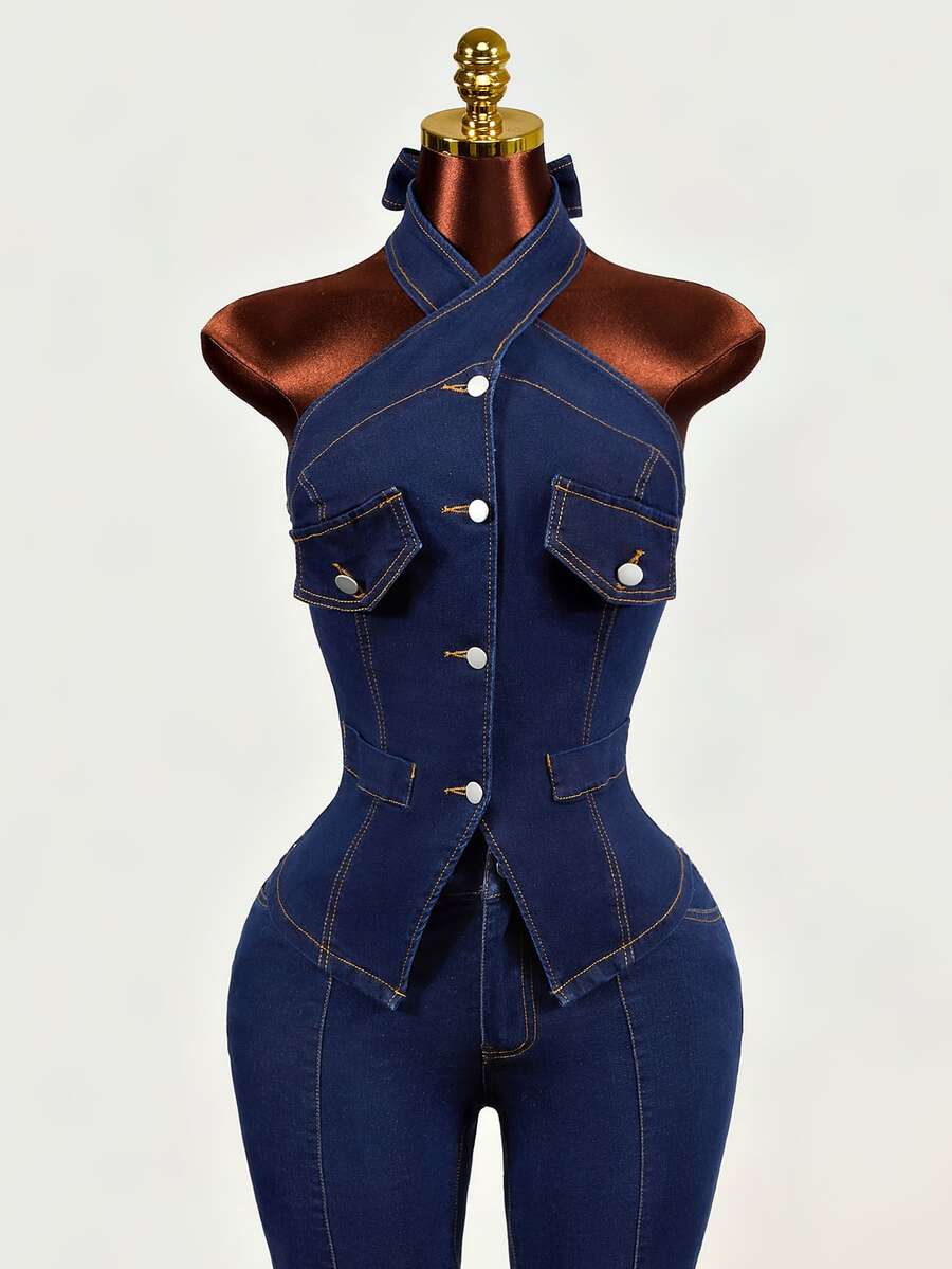 Mistrie Casual Halter Neck Denim Top For Women - Blue - View 1