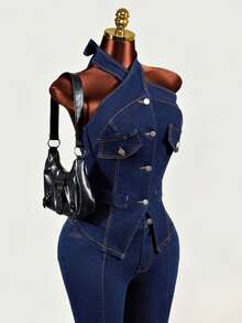 Mistrie Casual Halter Neck Denim Top For Women - Blue - View 4