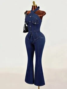 Mistrie Casual Flare Leg Jeans For Women - Blue - View 4