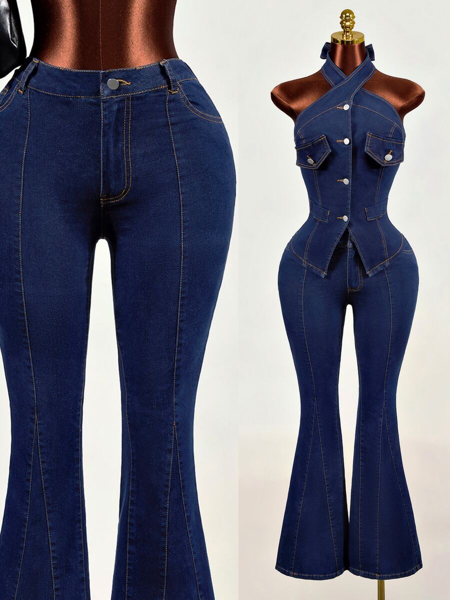 Mistrie Casual Flare Leg Jeans For Women - Blue - View 1