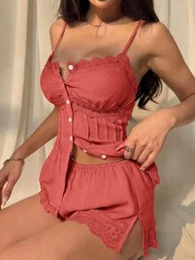 SHEIN EZwear 女款純色蕾絲拼接吊帶背心與短褲兩件套，可愛夏季居家度假紅色花卉性感浪漫 - 西瓜粉 - 查看 7