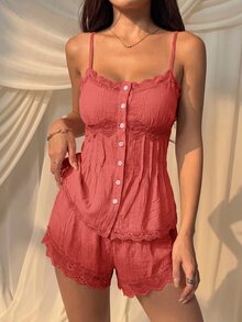 SHEIN EZwear 女款純色蕾絲拼接吊帶背心與短褲兩件套，可愛夏季居家度假紅色花卉性感浪漫 - 西瓜粉 - 查看 1