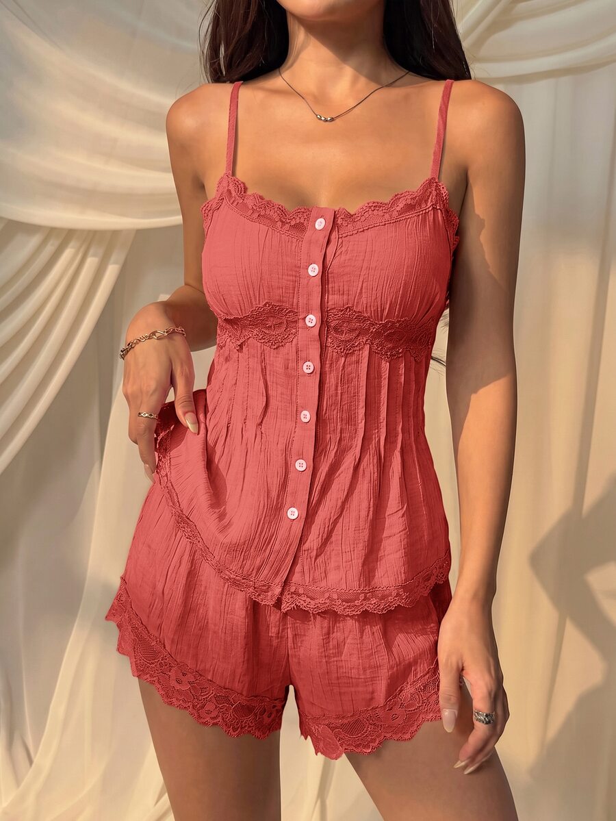 SHEIN EZwear 女款純色蕾絲拼接吊帶背心與短褲兩件套,可愛夏季居家度假紅色花卉性感浪漫 - 西瓜粉 - 查看 1