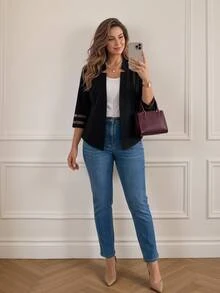 Miaspire 秋冬大码女式时尚优雅休闲网眼拼布西装外套 - 黑色 - 查看 4