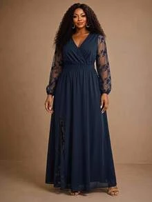 BrightlyHer Plus Size Women's Patchwork Embroidered Mesh Long Sleeve V-Neck Elegant 1920s Dress Autumn Wedding Formal Navy Blue Fall - Navy Blue - View 7