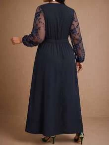 BrightlyHer Plus Size Women's Patchwork Embroidered Mesh Long Sleeve V-Neck Elegant 1920s Dress Autumn Wedding Formal Navy Blue Fall - Navy Blue - View 2