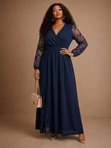 BrightlyHer Plus Size Women's Patchwork Embroidered Mesh Long Sleeve V-Neck Elegant 1920s Dress Autumn Wedding Formal Navy Blue Fall - Navy Blue - View 4