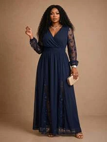 BrightlyHer Plus Size Women's Patchwork Embroidered Mesh Long Sleeve V-Neck Elegant 1920s Dress Autumn Wedding Formal Navy Blue Fall - Navy Blue - View 3