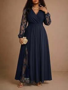 BrightlyHer Plus Size Women's Patchwork Embroidered Mesh Long Sleeve V-Neck Elegant 1920s Dress Autumn Wedding Formal Navy Blue Fall - Navy Blue - View 5