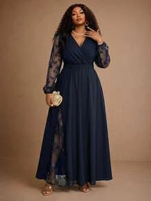 BrightlyHer Plus Size Women's Patchwork Embroidered Mesh Long Sleeve V-Neck Elegant 1920s Dress Autumn Wedding Formal Navy Blue Fall - Navy Blue - View 6