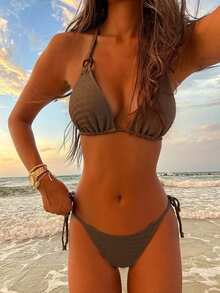 SHEIN Swim Bãi biển mùa hè Bộ bikini màu trơn tách biệt đám cưới - màu nâu - Xem 6