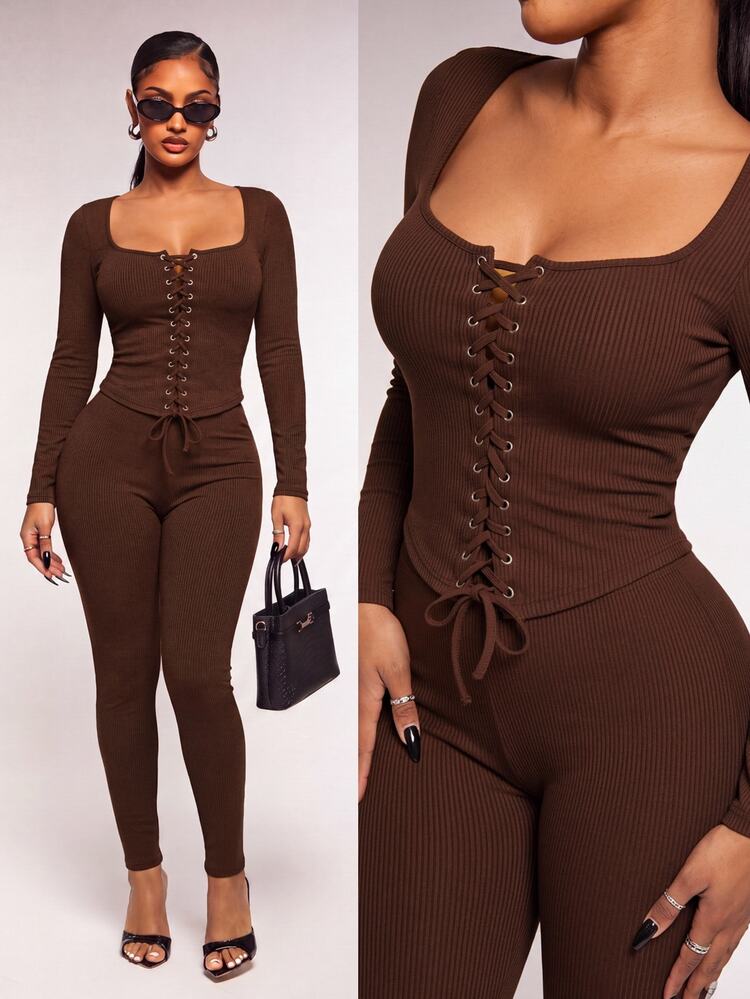 Radiana Solid Square Neck Lace Up Front Tee & Leggings Set - Brown - View 1