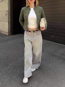 Aloruh 女款優雅休閒通勤復古老錢風拿破崙夾克 橄欖綠長袖外套 秋季日常外出穿搭 - 軍綠色 - 查看 1