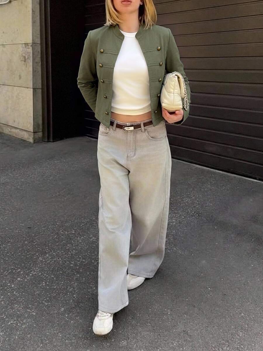Aloruh 女款優雅休閒通勤復古老錢風拿破崙夾克 橄欖綠長袖外套 秋季日常外出穿搭 - 軍綠色 - 查看 1