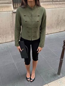 Aloruh 女款優雅休閒通勤復古老錢風拿破崙夾克 橄欖綠長袖外套 秋季日常外出穿搭 - 軍綠色 - 查看 5
