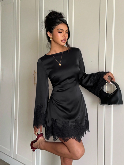 Aloruh Women's Elegant Fashion Commuter Boat Neck Long Sleeve Romantic Lace Patchwork Tie Cinched Waist Mini A-Line Dress, Autumn/Winter Black Short Dress, Black Dress, Lace Dress, Waist-Cinching Dress