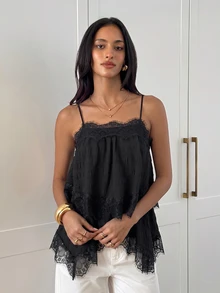 Aloruh ملابس علوية نسائية أنيقة بدون أكمام بتصميم دانتيل مرقع باللون الأسود - الأسود - مشاهدة 4