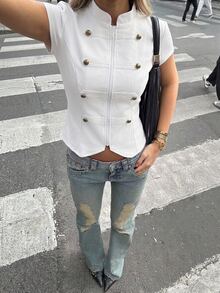 Aloruh Women's Elegant Double-Breasted Napoleon Cape Sleeve Jacket - White - View 5