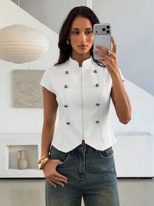 Aloruh Women's Elegant Double-Breasted Napoleon Cape Sleeve Jacket - White - View 6