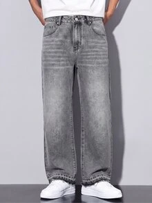 Colvenic Men's Vintage Grey Washed Wide Leg Jeans, Frayed Hem Cat Whisker Bootcut Denim Pants, Distressed Casual Streetwear - Grey - View 5