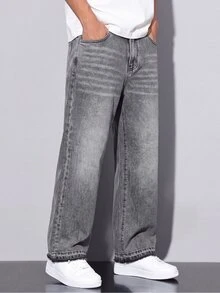 Colvenic Men's Vintage Grey Washed Wide Leg Jeans, Frayed Hem Cat Whisker Bootcut Denim Pants, Distressed Casual Streetwear - Grey - View 4