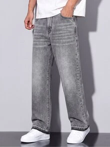 Colvenic Men's Vintage Grey Washed Wide Leg Jeans, Frayed Hem Cat Whisker Bootcut Denim Pants, Distressed Casual Streetwear - Grey - View 2