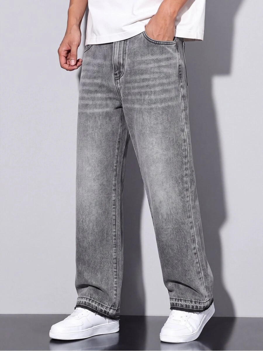 Colvenic Men's Vintage Grey Washed Wide Leg Jeans, Frayed Hem Cat Whisker Bootcut Denim Pants, Distressed Casual Streetwear