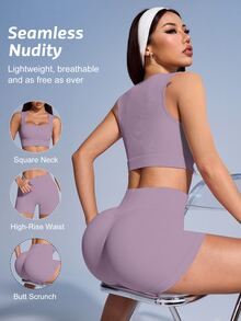 SHEIN Sovereign Charm Solid Color Ribbed Sports Tank Top And Shorts Set For Women - Mauve Purple - View 6