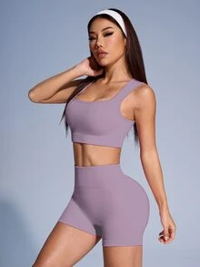 SHEIN Sovereign Charm Solid Color Ribbed Sports Tank Top And Shorts Set For Women - Mauve Purple - View 5