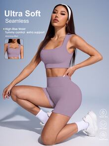 SHEIN Sovereign Charm Solid Color Ribbed Sports Tank Top And Shorts Set For Women - Mauve Purple - View 2