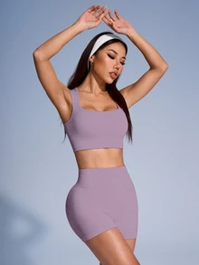 SHEIN Sovereign Charm Solid Color Ribbed Sports Tank Top And Shorts Set For Women - Mauve Purple - View 3